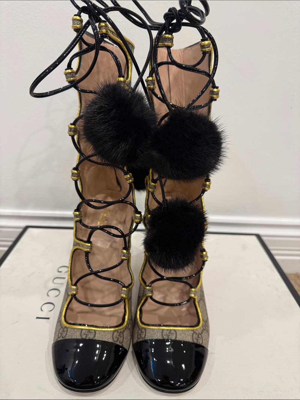 Gucci Heloise GG Supreme Pom Pom Lace Up Heels 37 Rare Runway NWT - Picture 9 of 9